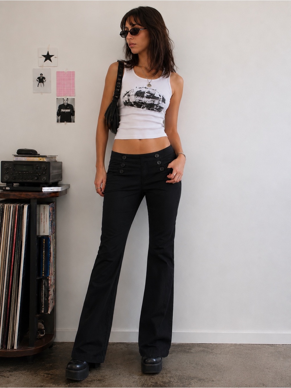 Vintage Guess Black Low Rise Sailor Button Bootcut Pants 29 Y2K